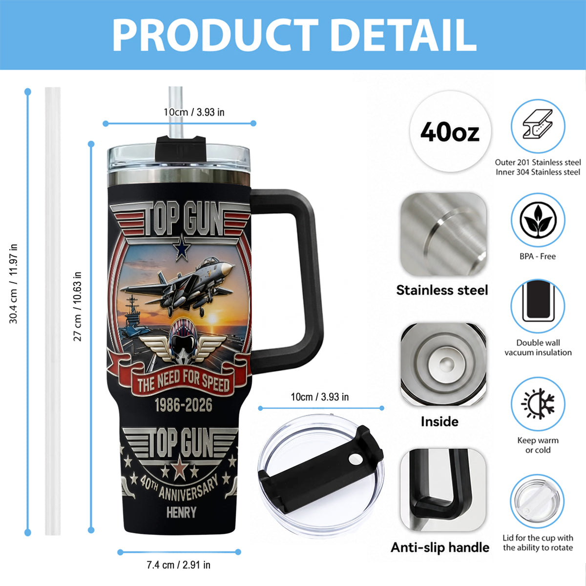 The Need For Speed - Personalized Top Gun Tumbler With Handle