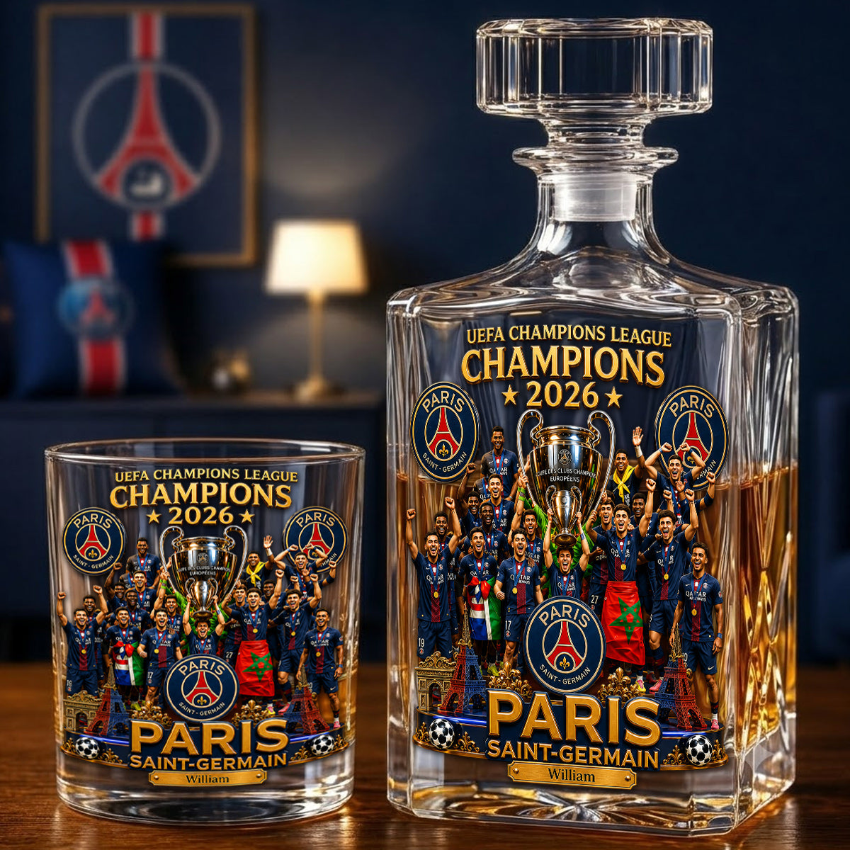 Paris Football Champions - Personalized Soccer Whiskey Decanter Set