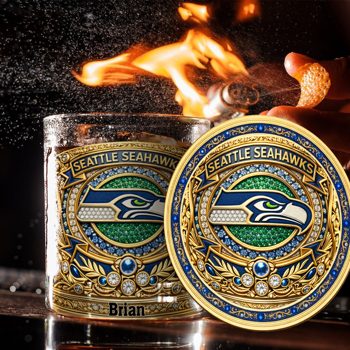 Seahawks Champions - Personalized American Football Whiskey Glass & Coaster