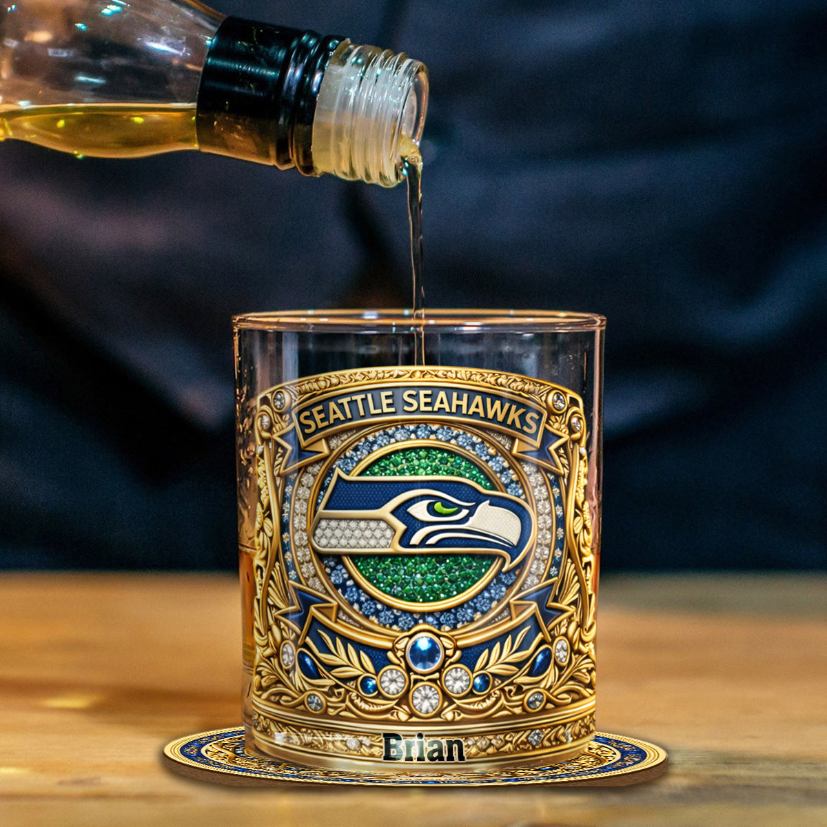 Seahawks Champions - Personalized American Football Whiskey Glass & Coaster