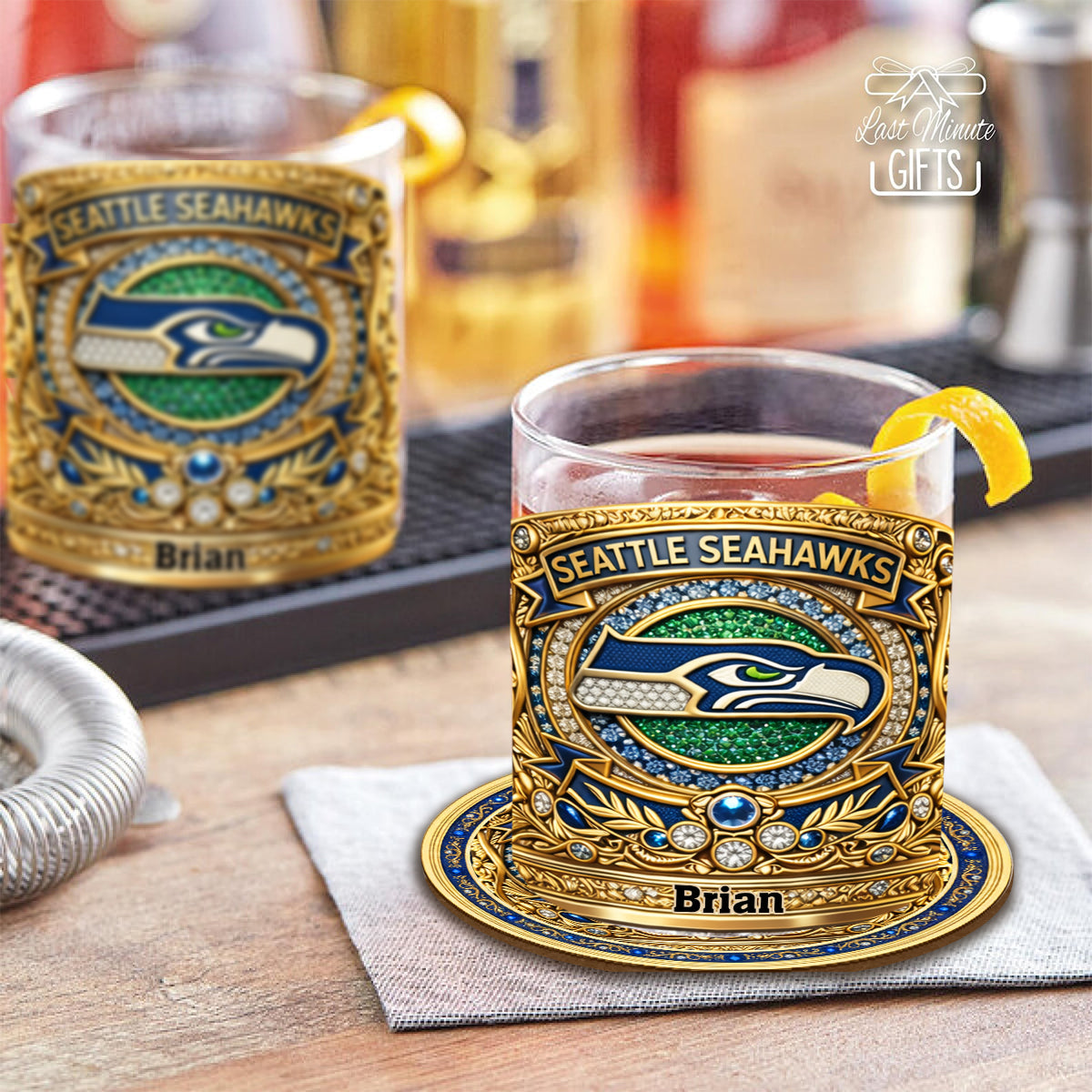 Seahawks Champions - Personalized American Football Whiskey Glass & Coaster