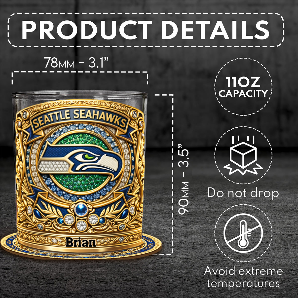 Seahawks Champions - Personalized American Football Whiskey Glass & Coaster