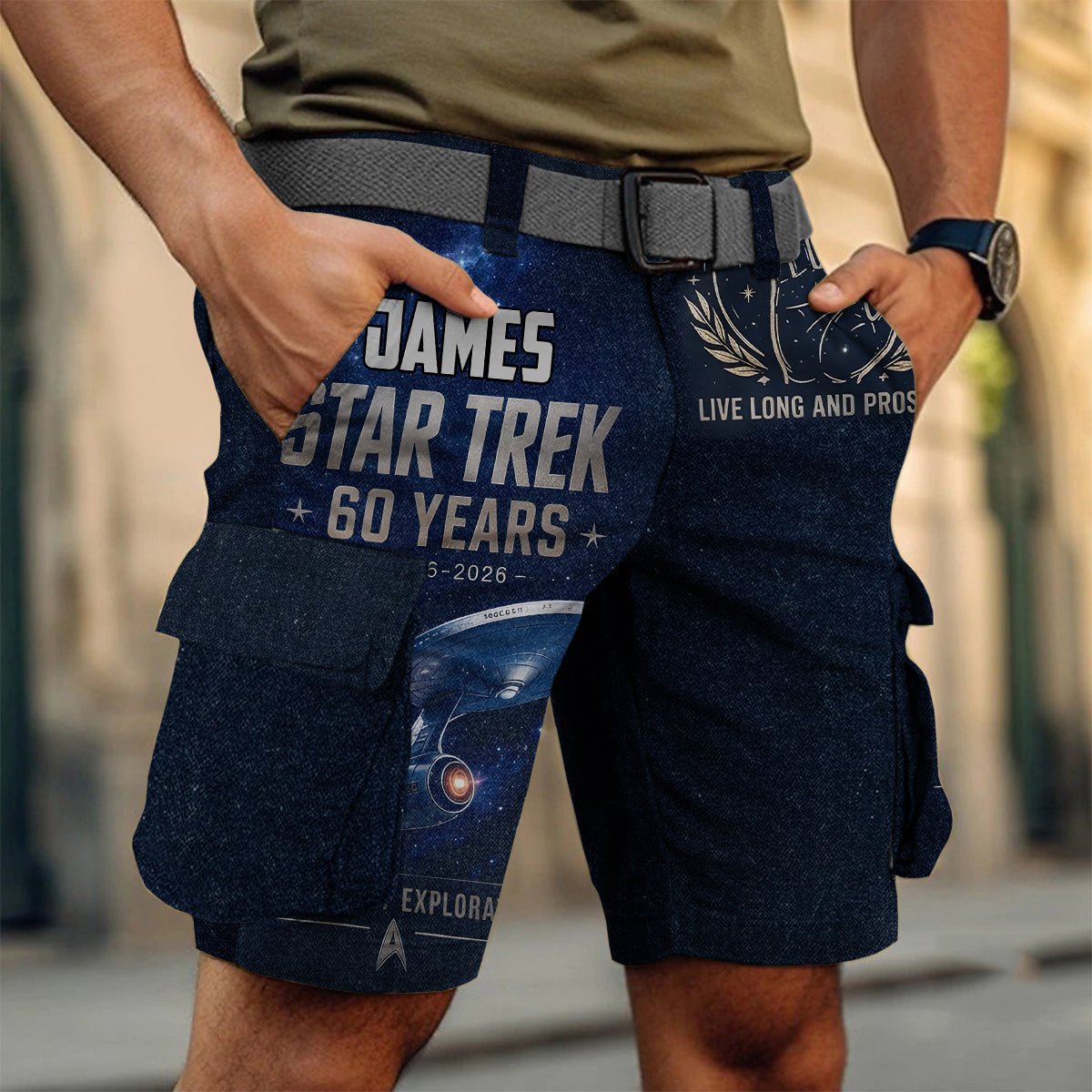 Star Movie Fans Gift, 60th Anniversary - Personalized Star Fleet Cargo Shorts With Belt